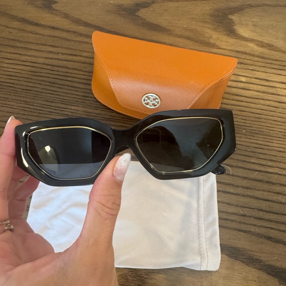Tory Burch Black & Gold Sunglasses with Orange Case